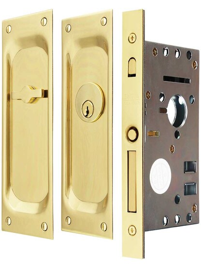 Brass Keyed Pocket Door Mortise Lock Set With Rectangular Pulls In Polished Brass 1 3/8 inch Door Thickness